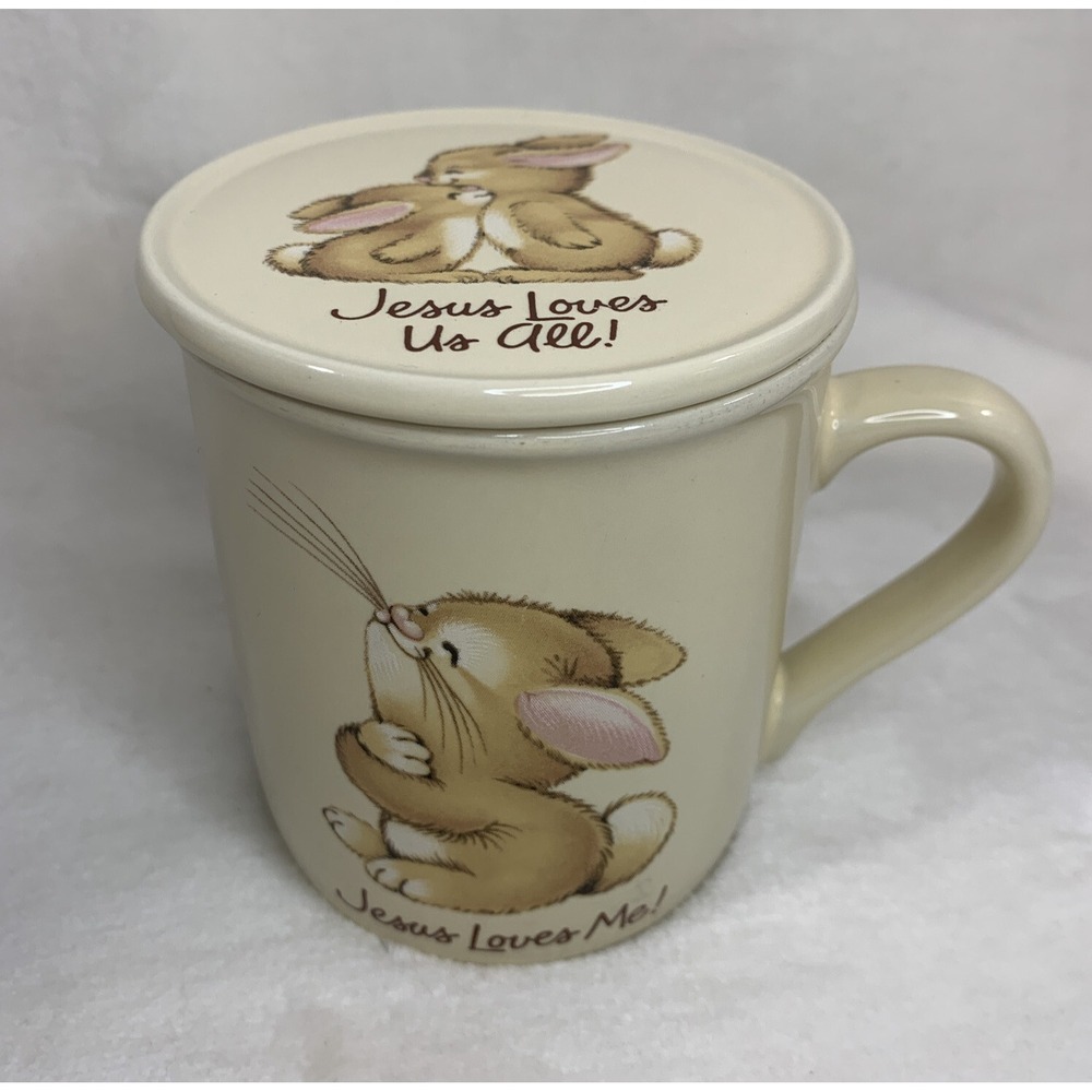 Hallmark Mug Mates Jesus Loves Me Us All Bunny Rabbit Mug 8 oz. Lid Coaster VTG